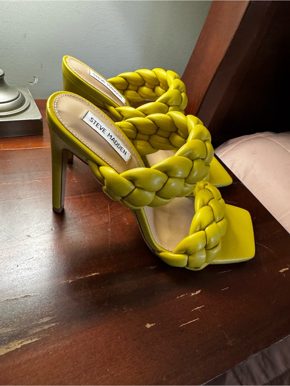Steve Madden Braided Strap High Heel Sandals in Chartreuse Yellow